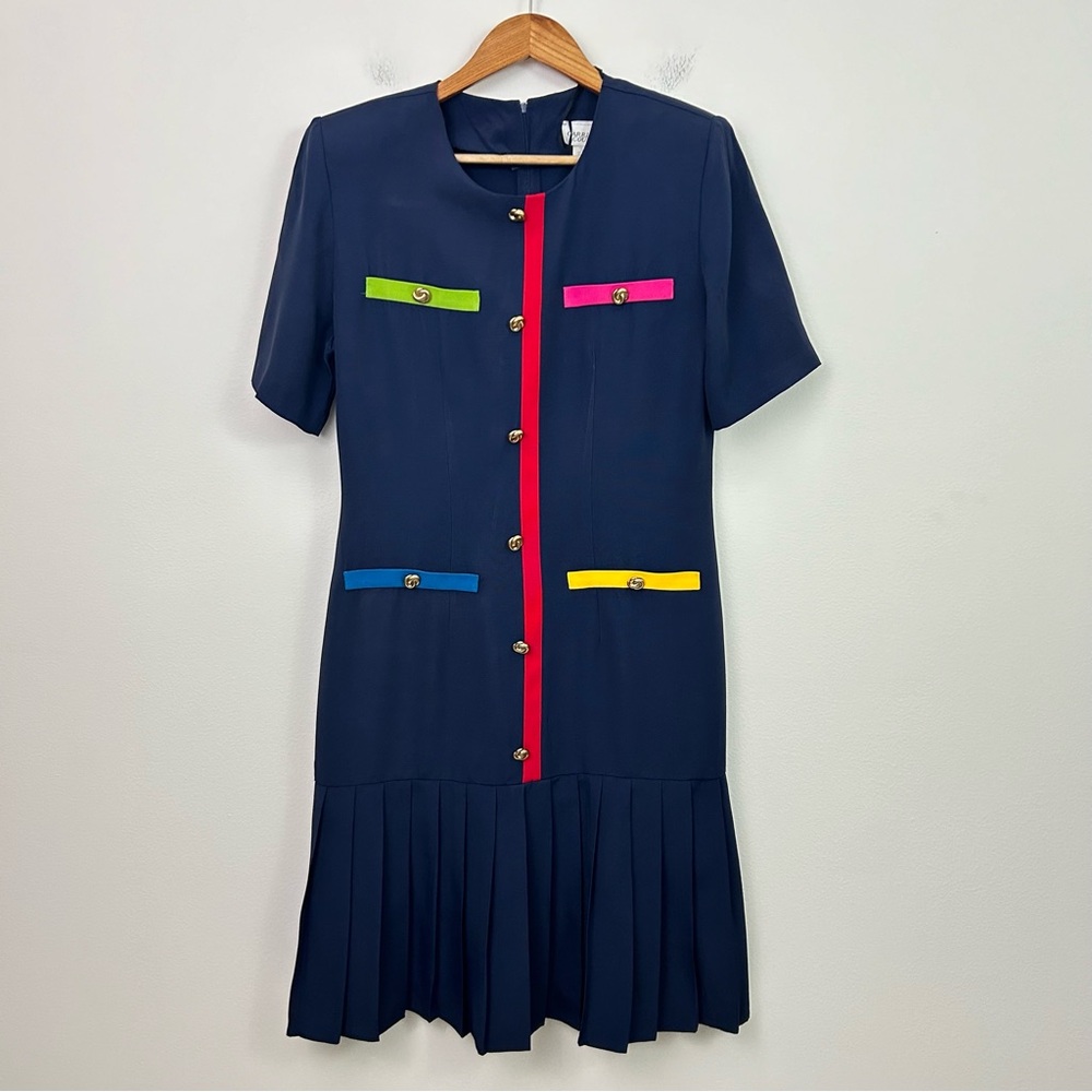 VTG Carriage Court Dress Drop Waist 80's Pleats Short Sleeves Zip Classic Size 8